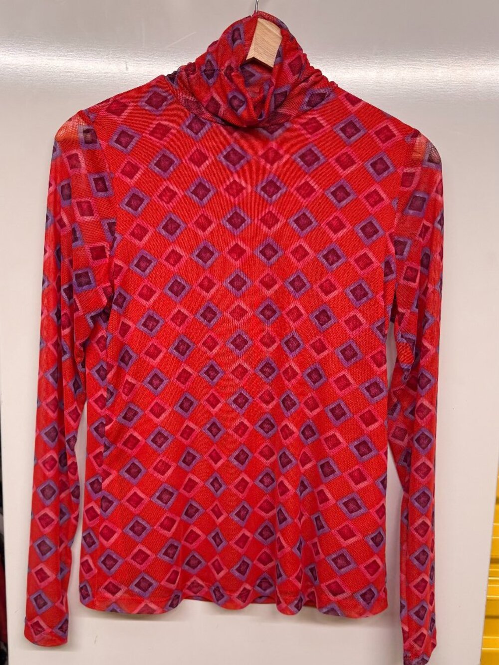 Attitudes by Renee Printed Mesh Mock Neck Top - Red Geometric - Size XXS